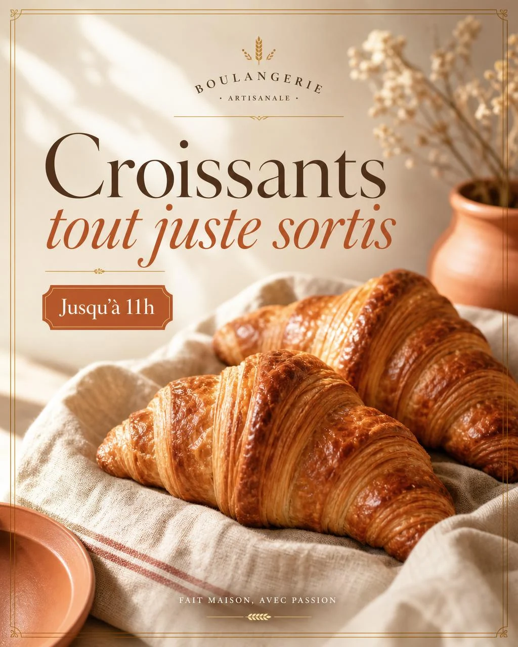 Post préparé pour une boulangerie : Croissants tout juste sortis, jusqu’à 11 h