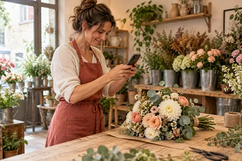 Fleuriste photographiant un bouquet avec son téléphone dans sa boutique