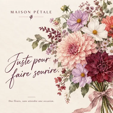 Exemple de publication fleuriste au style aquarelle botanique, enseigne fictive Maison Pétale