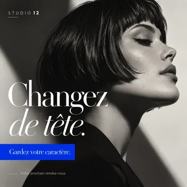 Exemple de publication coiffeur au style éditorial mode, enseigne fictive Studio 12