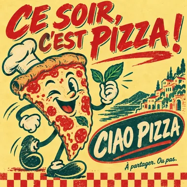 Exemple de publication pizzeria au style affiche rétro, enseigne fictive Ciao Pizza