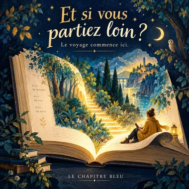 Exemple de publication librairie au style illustration onirique, enseigne fictive Le Chapitre Bleu