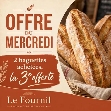 Exemple de publication boulangerie annonçant une offre du mercredi, enseigne fictive Le Fournil
