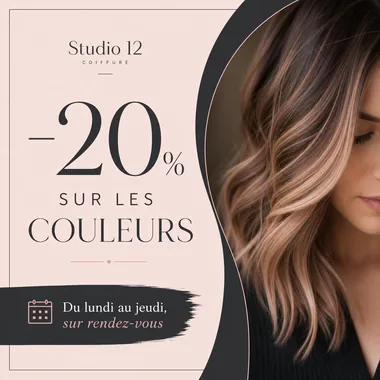 Exemple de publication coiffeur annonçant une remise sur les couleurs, enseigne fictive Studio 12