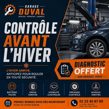Exemple de publication garage proposant un contrôle avant l’hiver, enseigne fictive Garage Duval